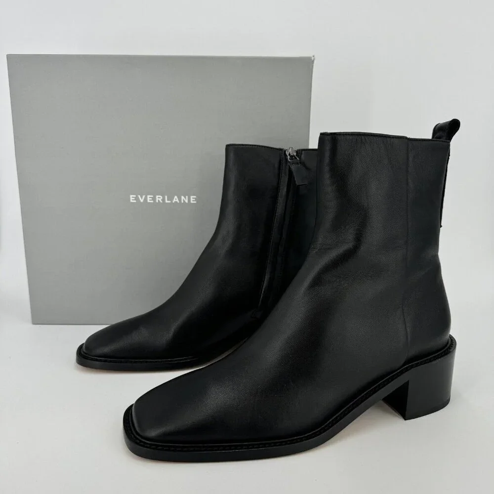 Everlane The City Boot in Black Leather sz 5.5 Women's Side Zip Block Heel Ankle
